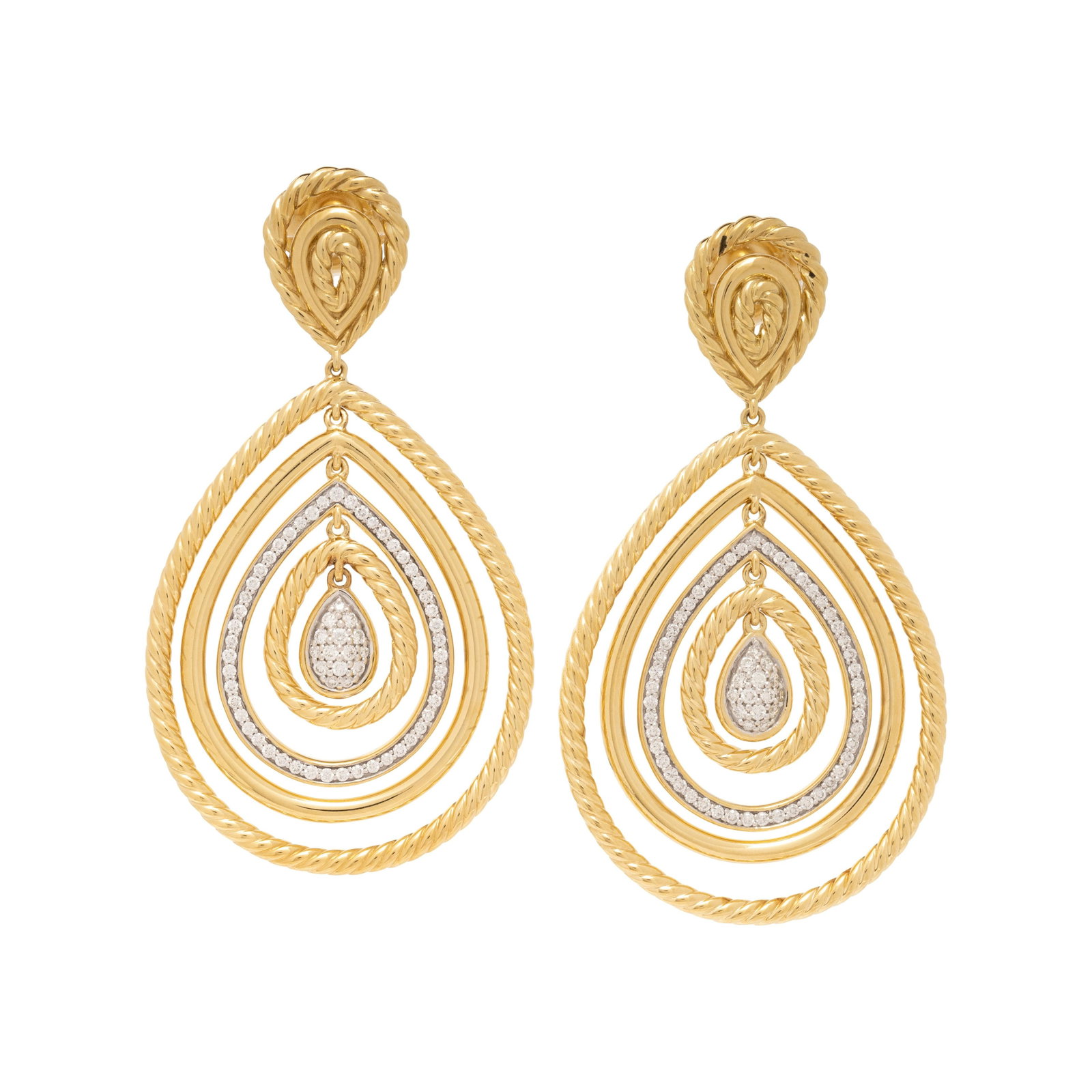 DAVID YURMAN, YELLOW GOLD AND DIAMOND EARRINGS: DAVID YURMAN, YELLOW GOLD AND DIAMOND EARRINGS Containing numerous round brilliant cut diamonds weighing approximately 0.45 carat total. 2 1/8 inches long.Stamp: D.Y. 750.Gross weight: 15.15 dwt.