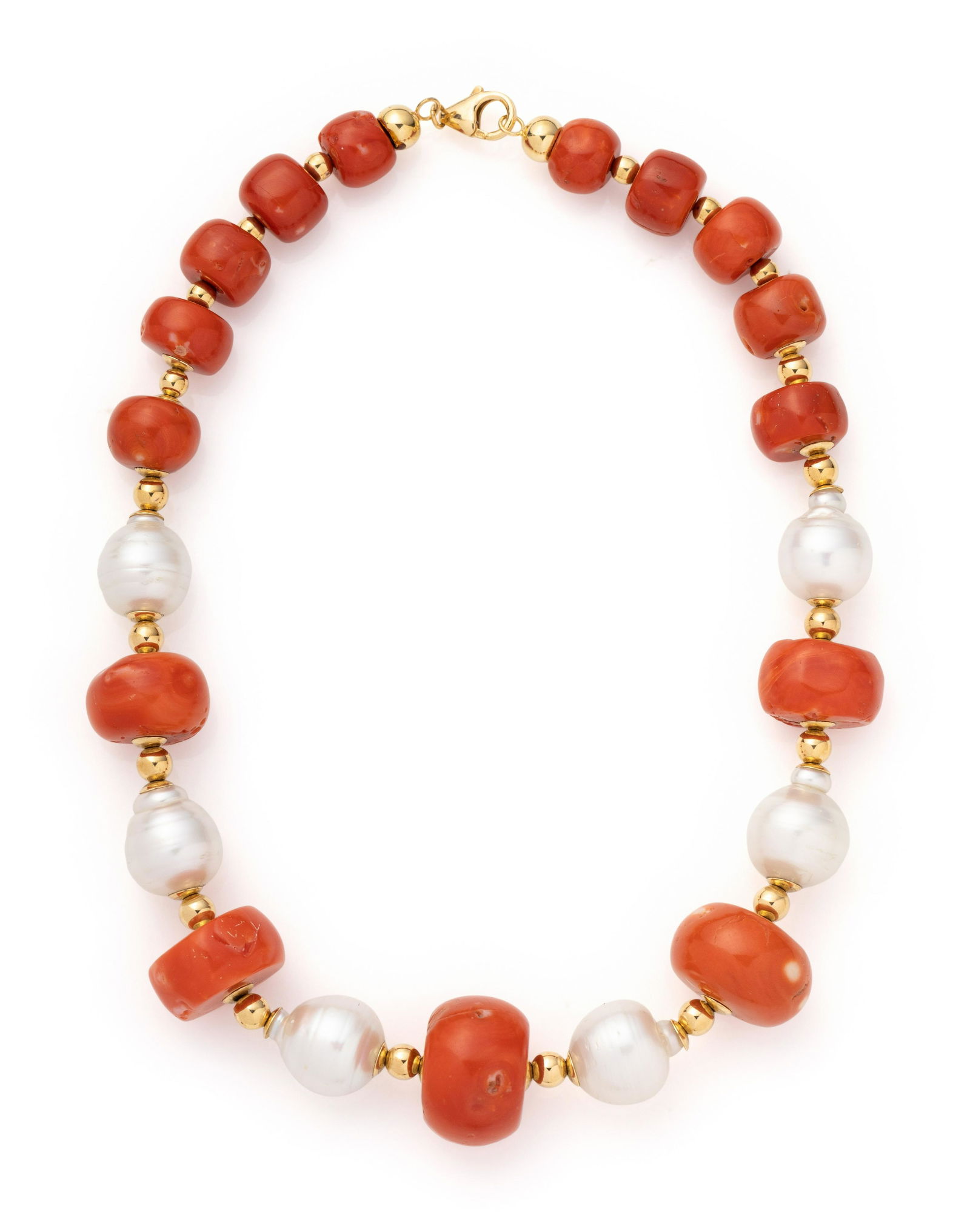 YELLOW GOLD, CULTURED BAROQUE PEARL AND CORAL BEAD NECKLACE (1 of 2)