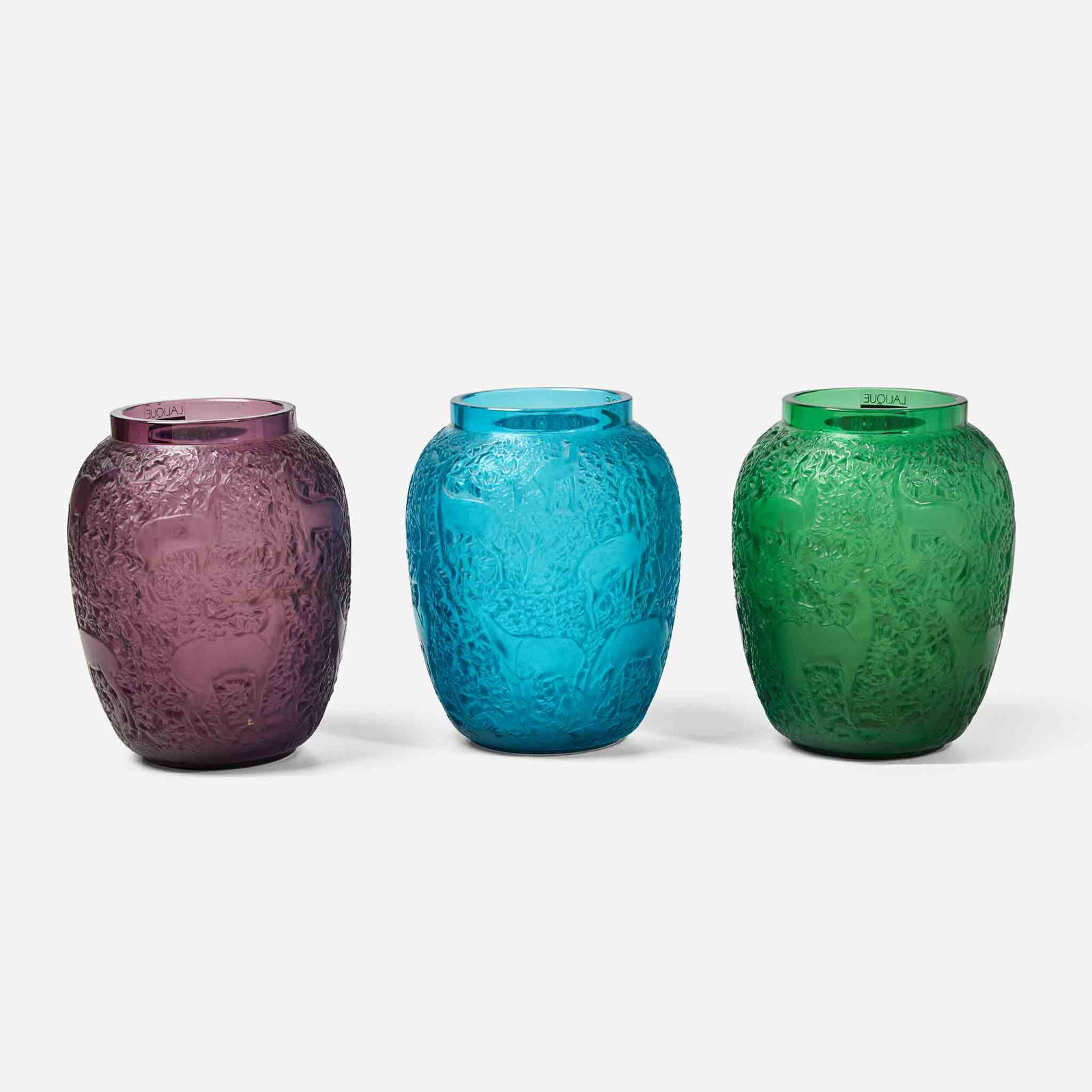 René Jules Lalique (French, 1860-1945) A Group of Three "Biches" Vases, France, 20th century (1 of 2)