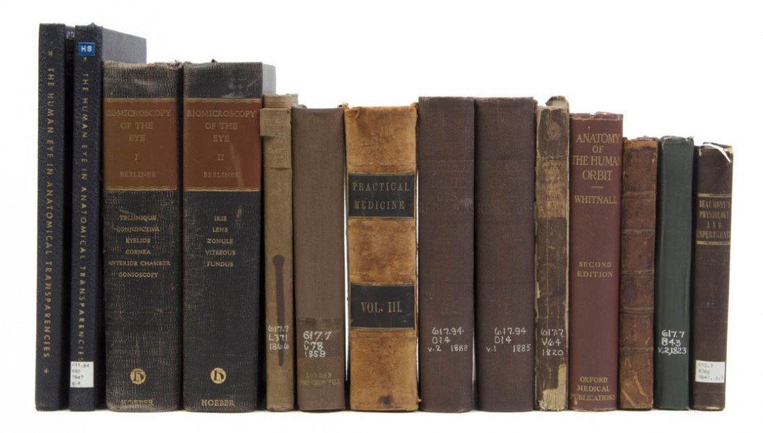 (OPTOMETRY) KRONFELD, PETER CLEMENS. Human Eye in: (OPTOMETRY) KRONFELD, PETER CLEMENS Human Eye in Anatomical Transparencies. Rochester, N.Y.: Bausch & Lomb Press, (1943). 2 vols. Together with 12 others. (14) Property from the Collection of the Galt