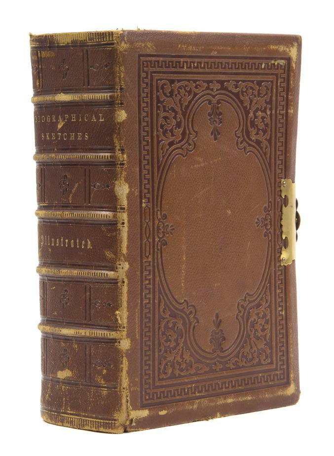(CHICAGO) CARBUTT, JOHN. Biographical Sketches of : (CHICAGO) CARBUTT, JOHN Biographical Sketches of the Leading Men of Chicago. Chicago: Wilson & St. Clair, 1868. Large 8vo, full blind-stamped calf boards with clasp, gilt-lettered spine, marbled endpa