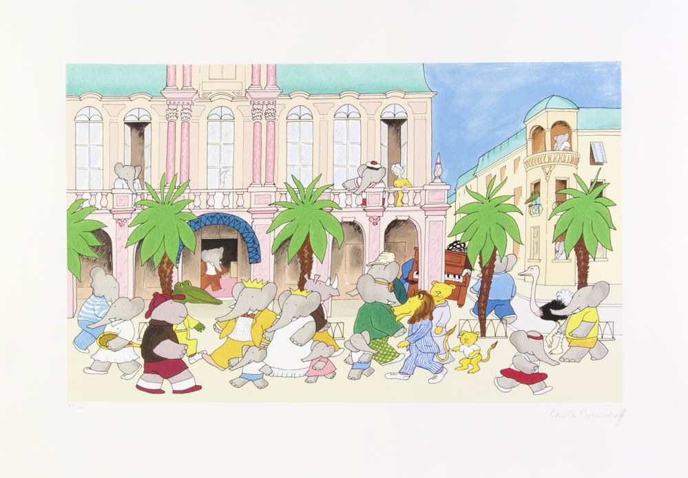 (BABAR) DE BRUNHOFF, LAURENT, after. Babar and hi: (BABAR) DE BRUNHOFF, LAURENT, after (French, 1899-1950) A lithograph print after the original watercolor study by Laurent de Brunhoff of Babar and his family at Celesteville-by-the-Sea, signed in lowe