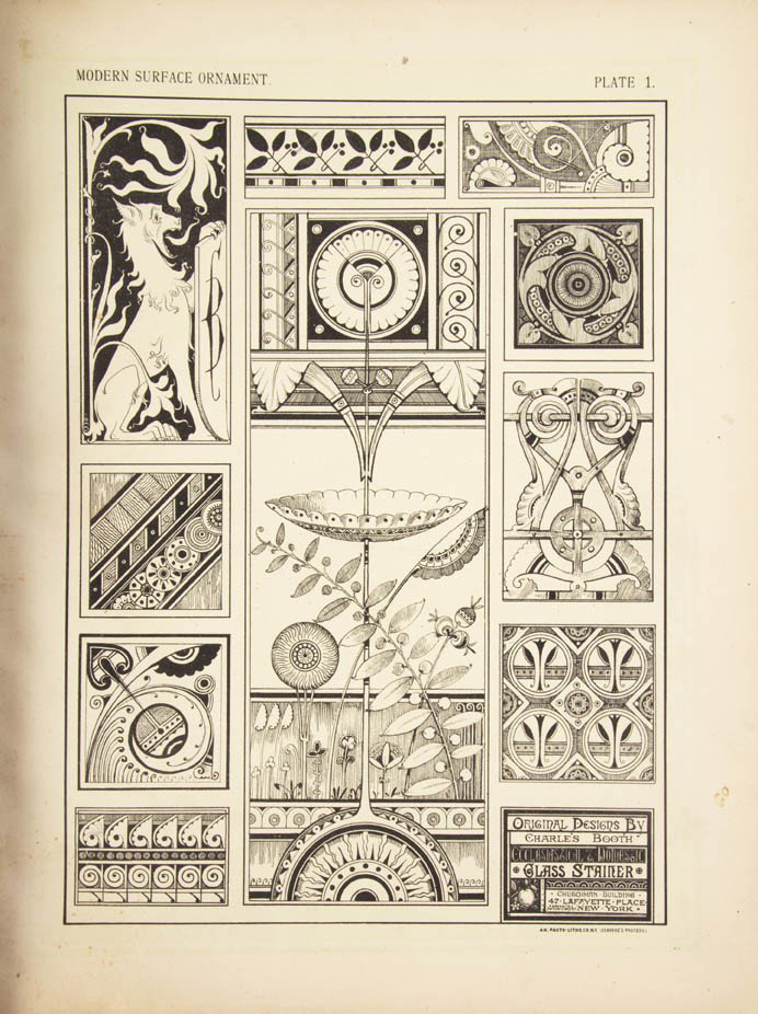(DESIGN) BOOTH, CHARLES. Modern Surface Ornament. : (DESIGN) BOOTH, CHARLES Modern Surface Ornament. [New York, 1877] Folio, leather studded spine over blue cloth. With 24 plates. Front board detached; spine lacking center stud; spine chipped; interior