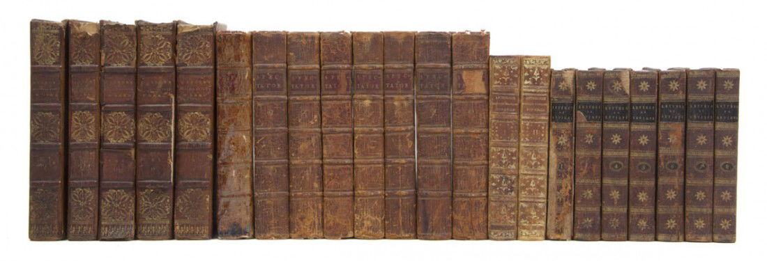 (BINDINGS) A group of 22 leather bound books.: (BINDINGS) A group of 22 leather bound books, including The Miscellaneous Works of Edward Gibbon... By John, Lord Sheffield. London: John Murray, 1814. 5 vols. Recueil des lettres de Madame la Marquis