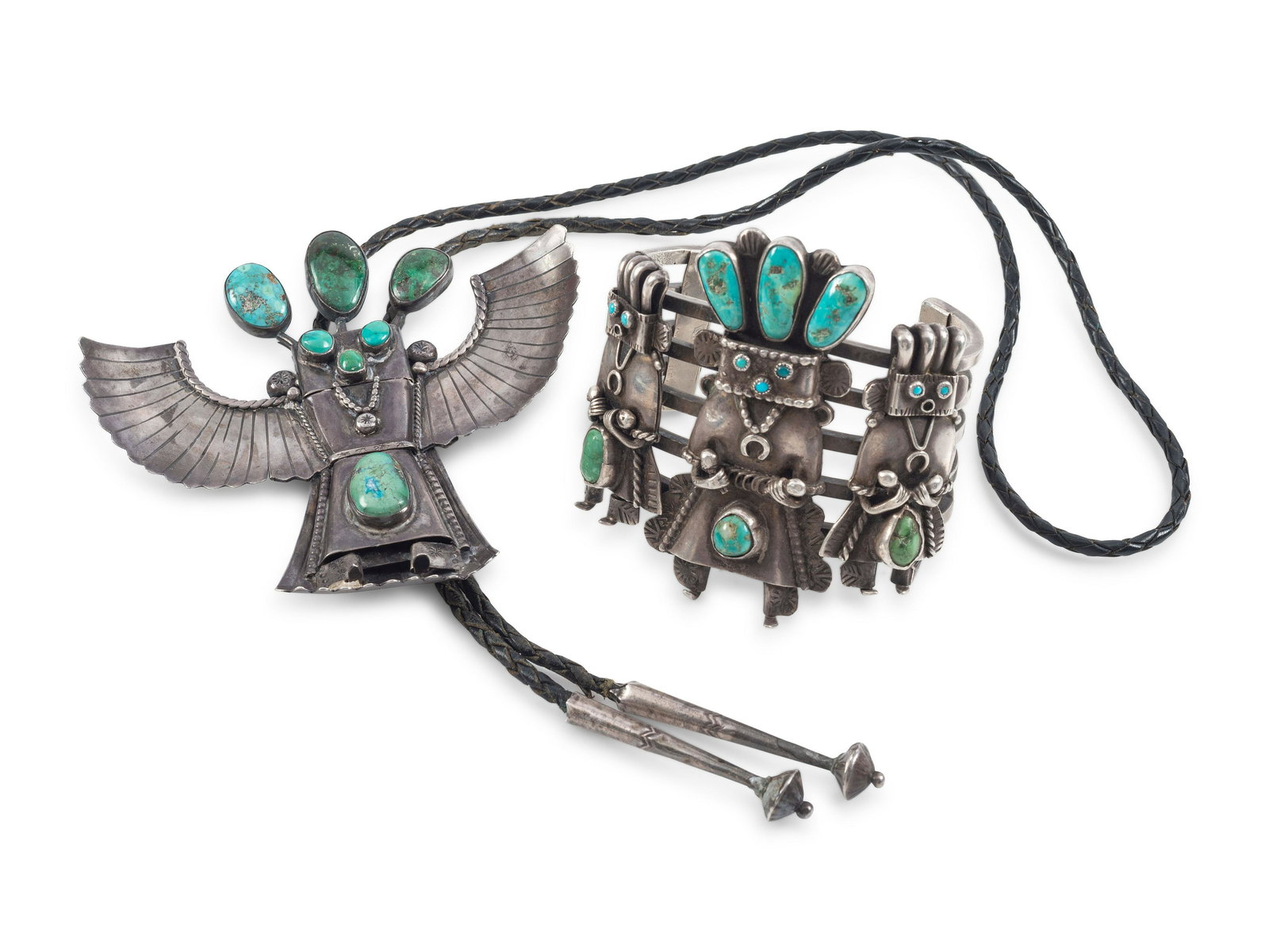 Navajo Silver and Turquoise Katsina Bolo Tie AND Cuff Bracelet (1 of 4)