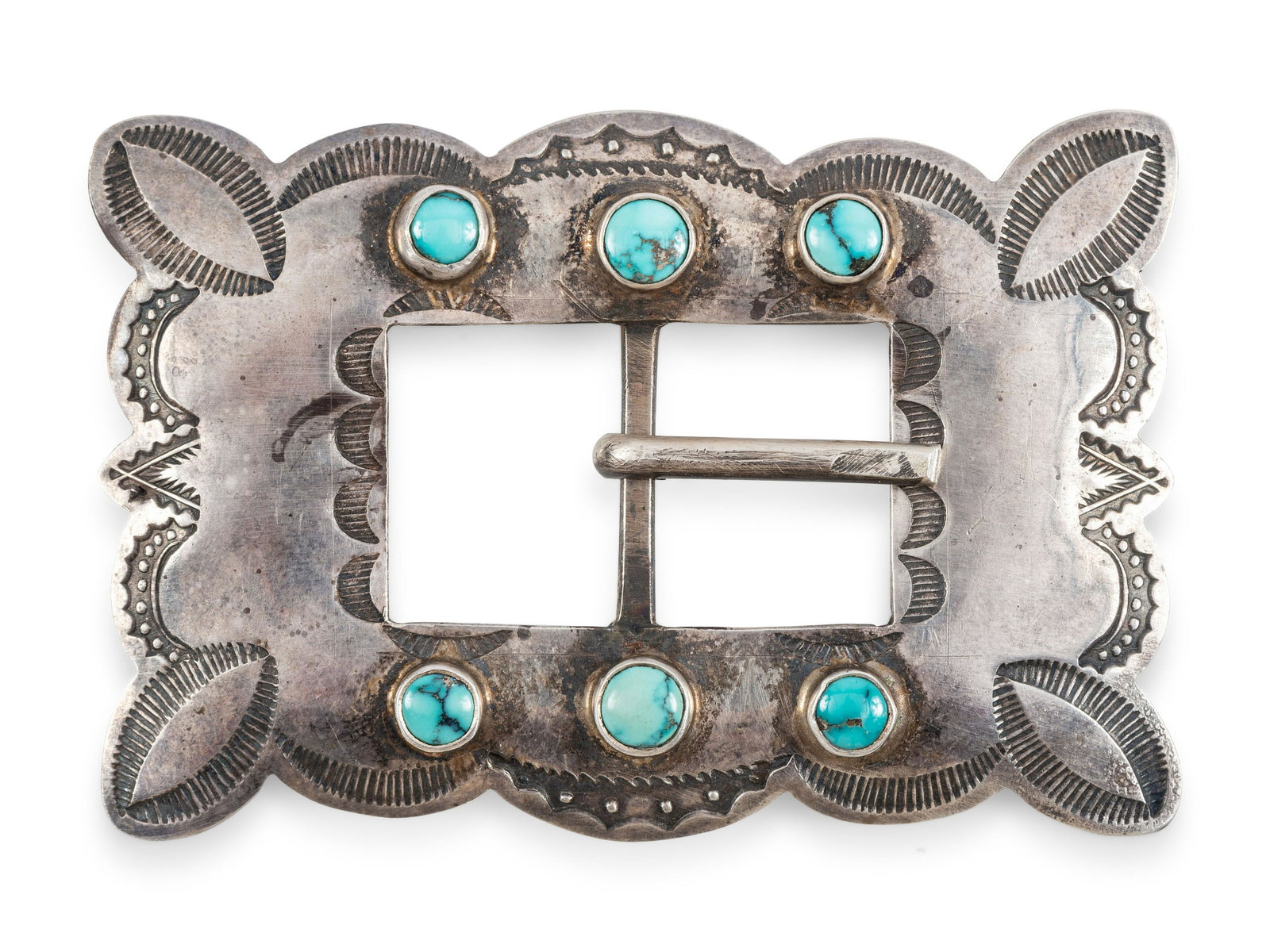 Navajo Stamped Silver and Turquoise Belt Buckle: Navajo Stamped Silver and Turquoise Belt Buckle second quarter 20th century not marked length 2-1/2 inches x width 1-3/4 inches, weight 9.7 dwt. This lot is located in Cincinnati. From the Colle