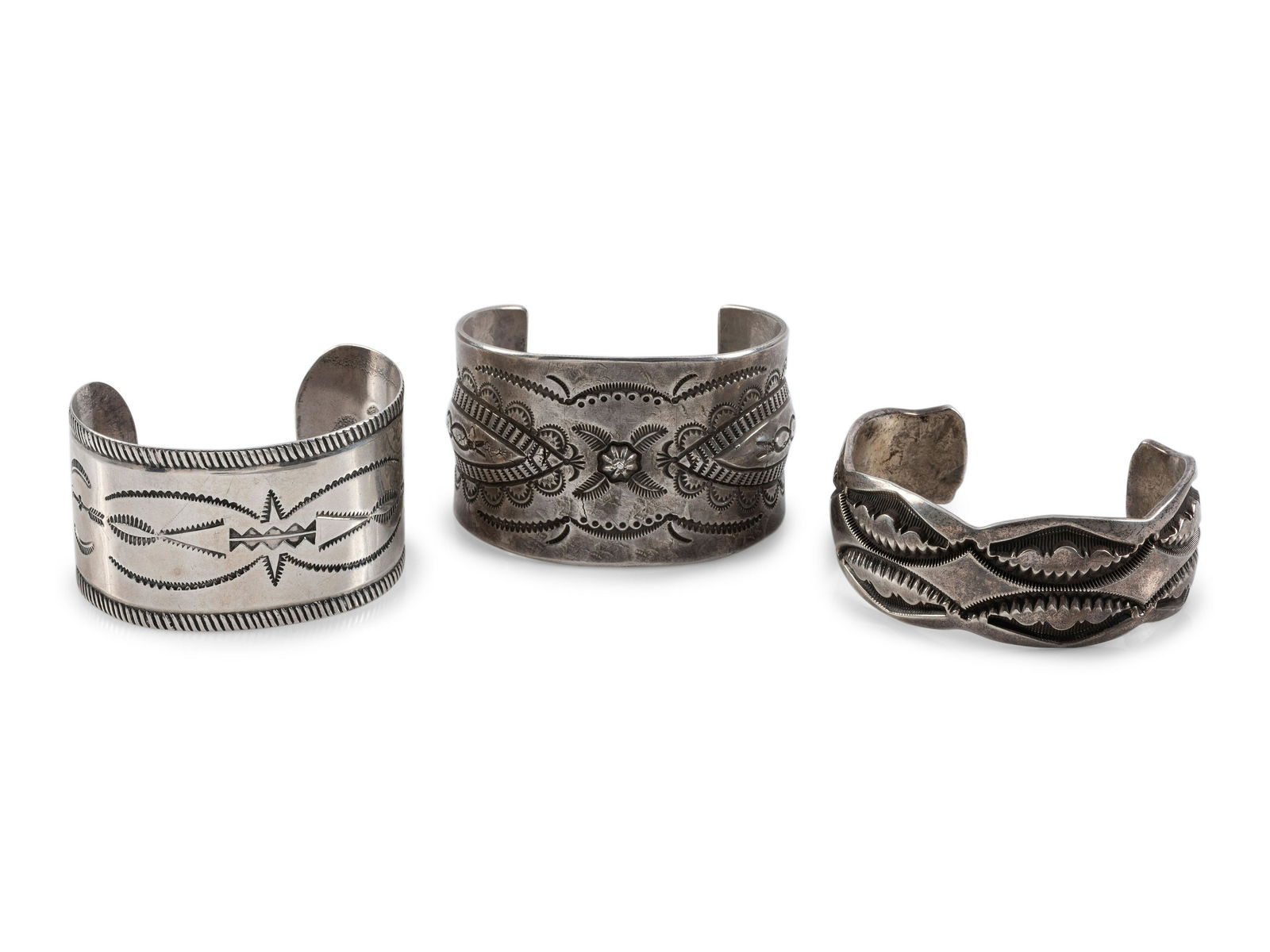 Navajo and Apache Heavily Stamped Sterling Silver and Ingot Cuff Bracelets (1 of 5)