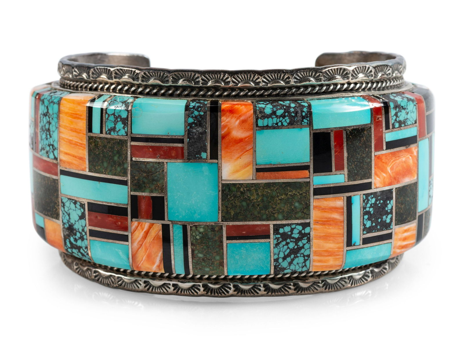 Large Navajo Men's Sterling Silver Cuff Bracelet, with Mosaic Inlay (1 of 4)