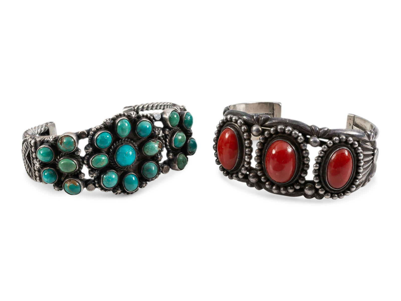 Navajo Silver Cuff Bracelets, with Inlay: Navajo Silver Cuff Bracelets, with Inlay third quarter 20th century lot of 2, includes: a twisted wire example set with turquoise clusters; marked T STERLING cuff width 1-3/8 inches, interior circumfe