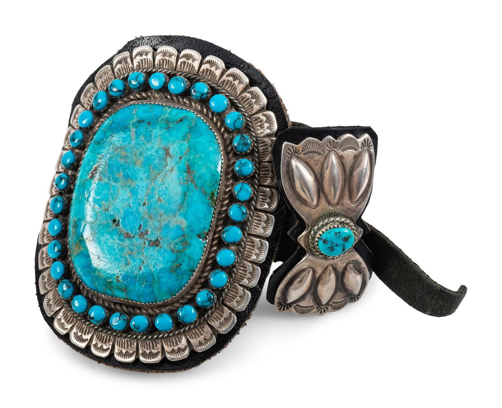 Navajo Sterling Silver Ketoh, with Large Turquoise Cabochon and Turquoise Clusters (1 of 4)