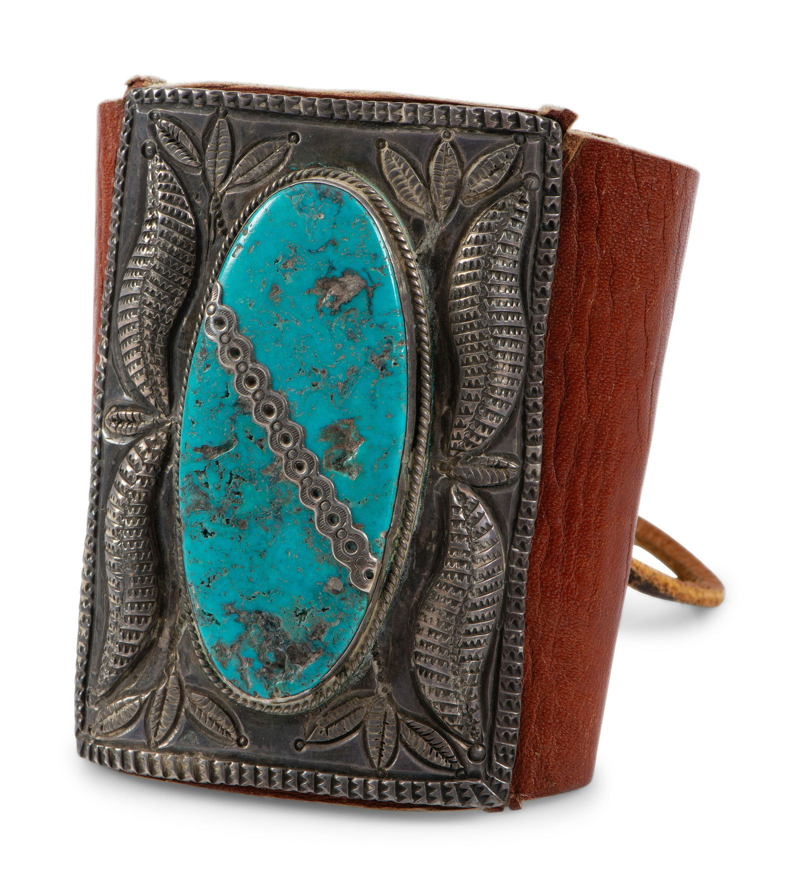 Navajo Stamped Silver and Turquoise Ketoh, with Repousse Accents (1 of 3)