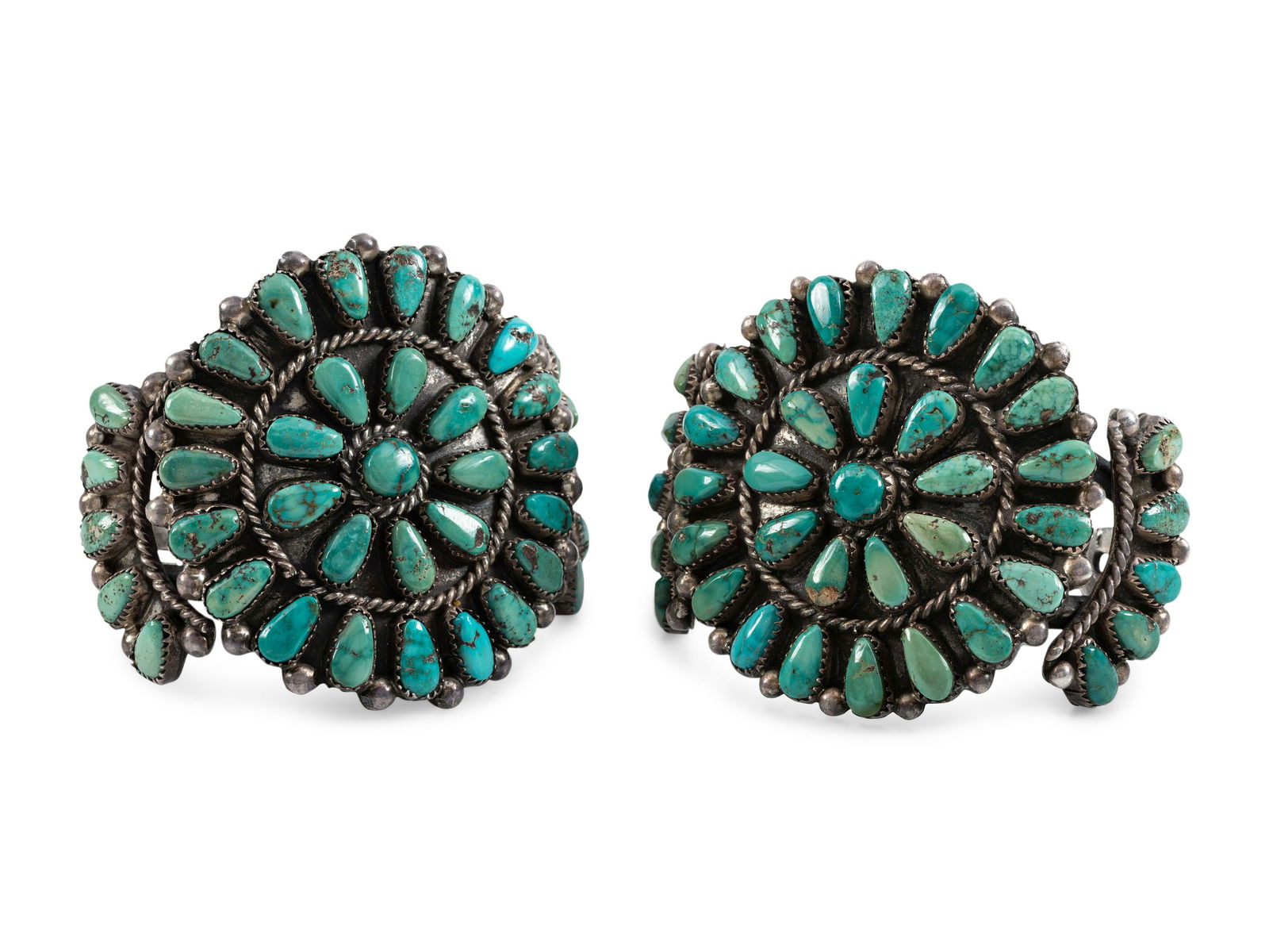 Navajo or Zuni Turquoise Cluster Cuff Bracelets, Matching Pair (1 of 3)