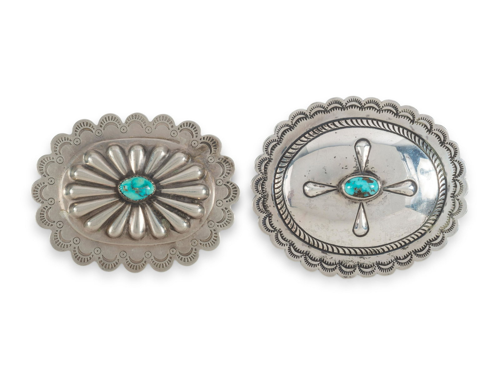Navajo Silver and Turquoise Belt Buckle AND Pin / Brooch: Navajo Silver and Turquoise Belt Buckle AND Pin / Brooch mid-20th century lot of 2, both unmarked, sizes include: belt buckle length 3-1/4 inches x width 2-3/4 inches, bet width 1-1/2 inches, weight 2