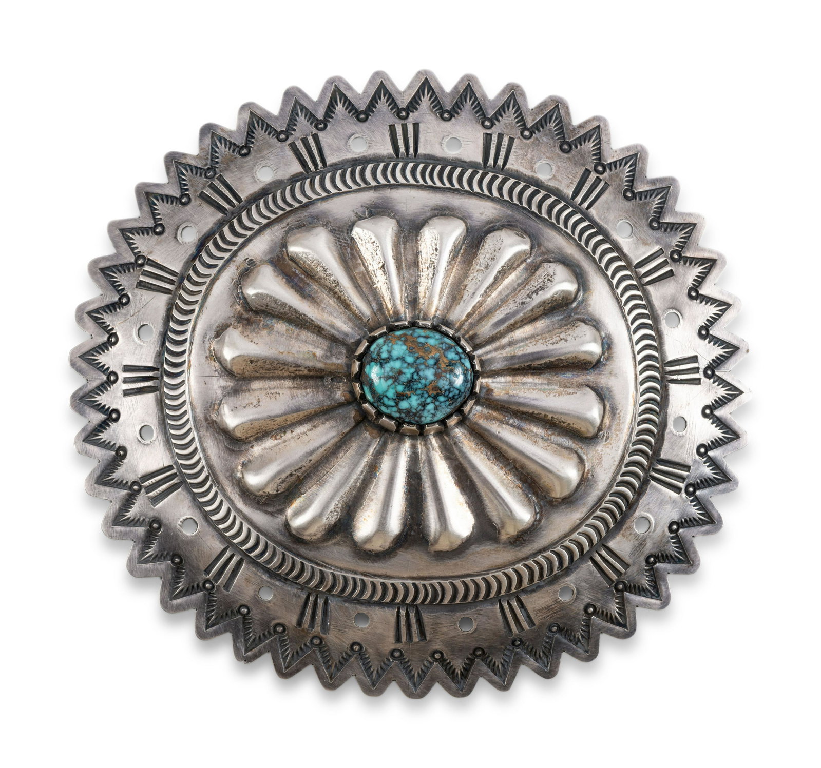 Ernest Bilagody, Sr. (Dine, b. 1955) Sterling Silver and Turquoise Belt Buckle: Ernest Bilagody, Sr. (Dine, b. 1955) Sterling Silver and Turquoise Belt Buckle etched signature ETB SR. and marked STERLING length 4-3/8 inches x width 4 inches, belt width 1-1/2 inches, weight 70.7 d
