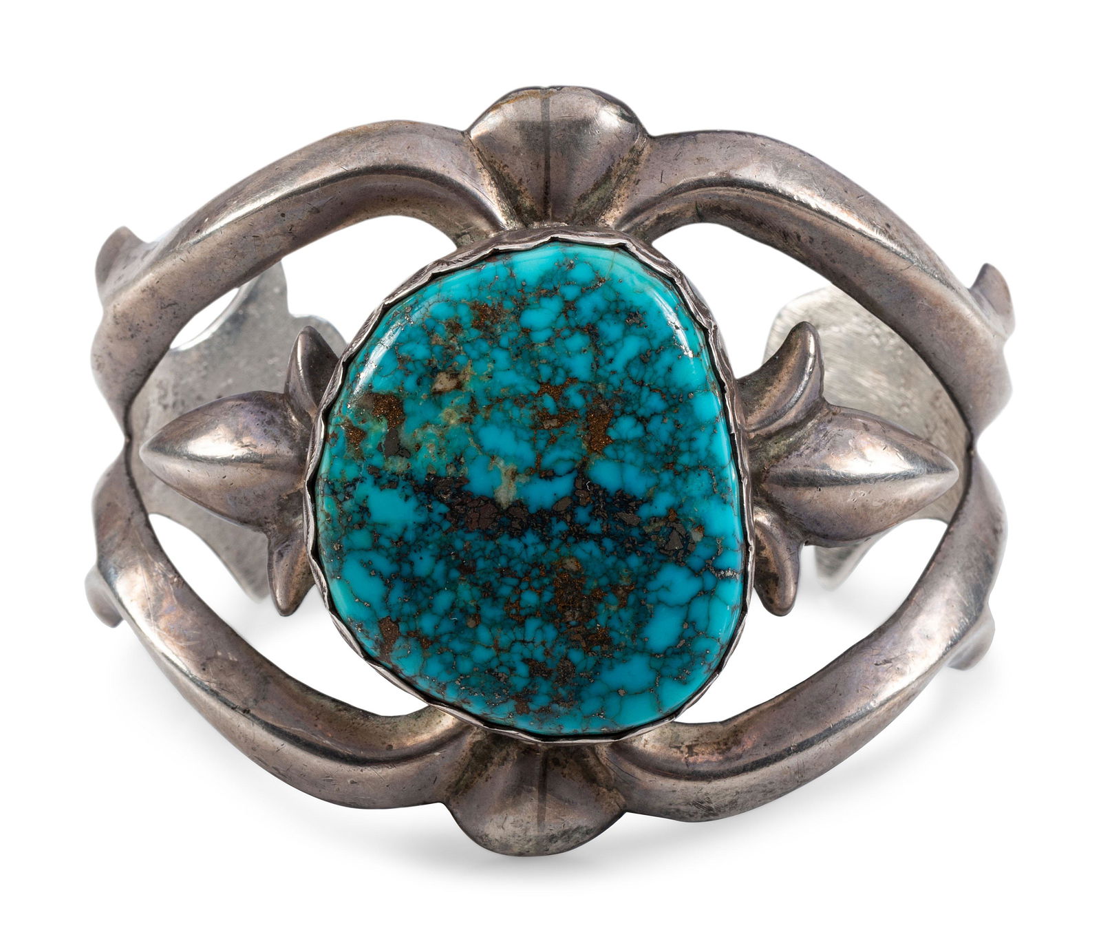 Navajo Sandcast Silver and Morenci Turquoise Cuff Bracelet (1 of 3)