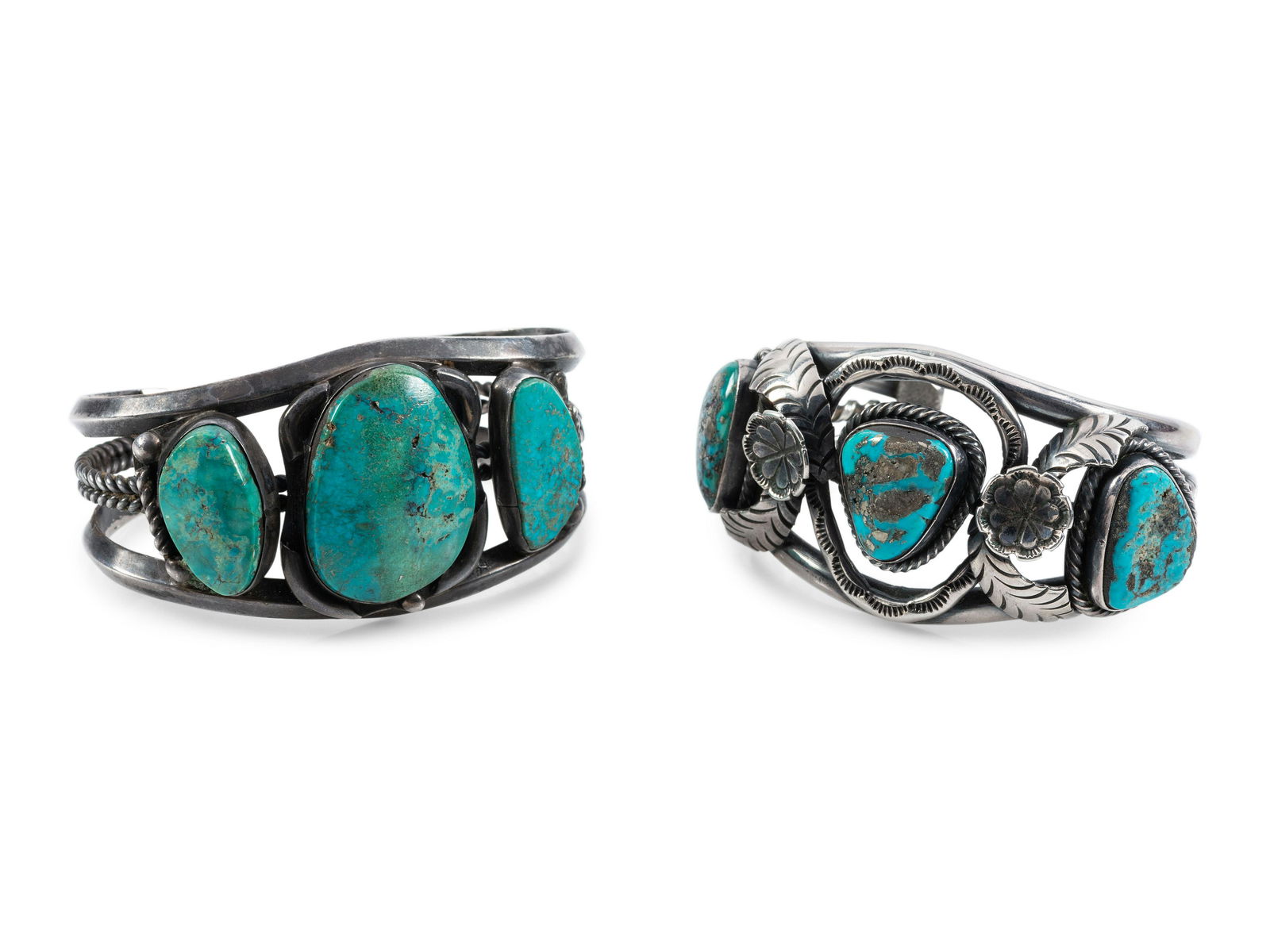 Navajo Silver and Turquoise Cuff Bracelets: Navajo Silver and Turquoise Cuff Bracelets third quarter 20th century lot of 2, includes: one etched ASHE cuff width 1-1/2 inches, interior circumference 5-3/8 inches x gap length 1-1/8 inches, weight