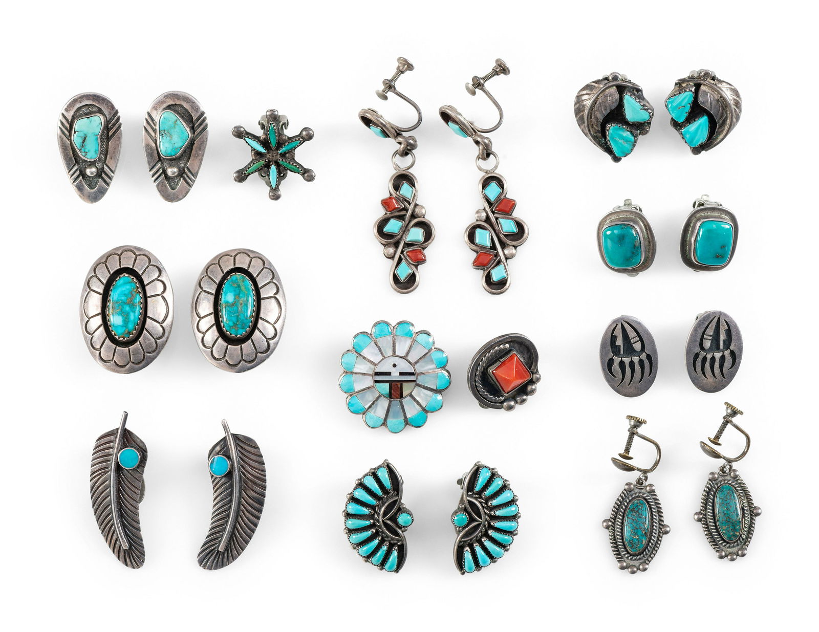 Group of Navajo and Zuni Clip and Screwback Earrings (1 of 10)