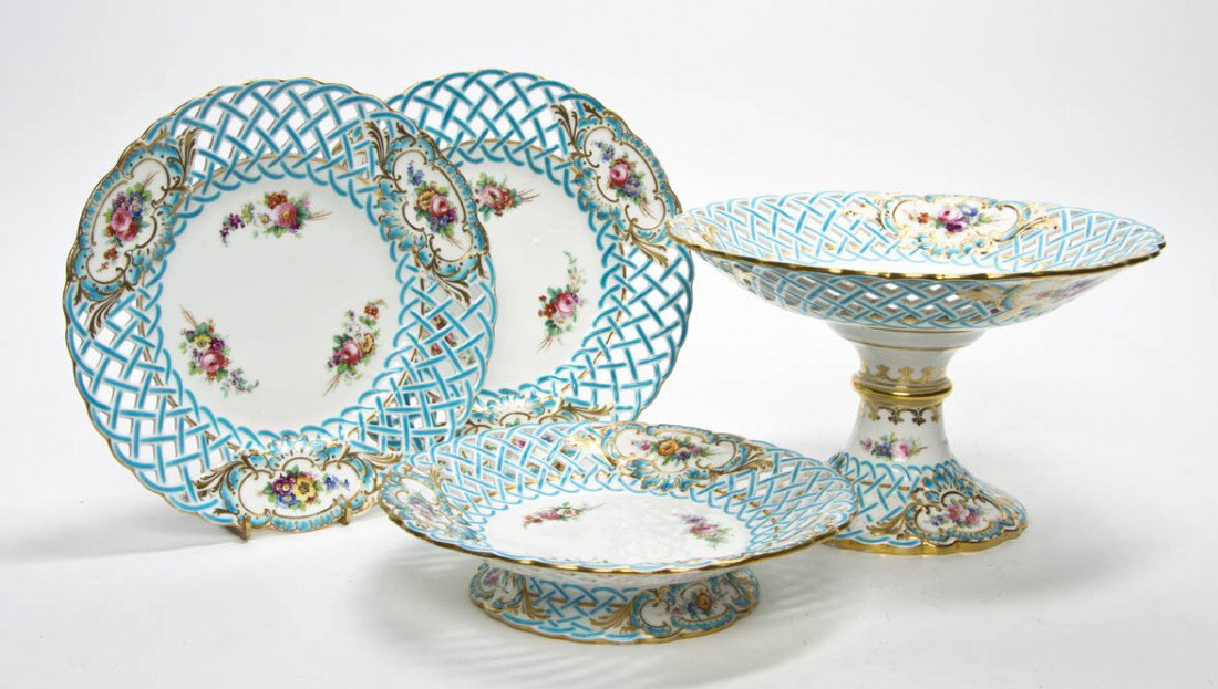 A Partial Minton Dessert Service, Height of first : A Partial Minton Dessert Service, comprising a compote, a tazza and three plates. Height of first 6 inches. Property from an Estate, Kenilworth, Illinois