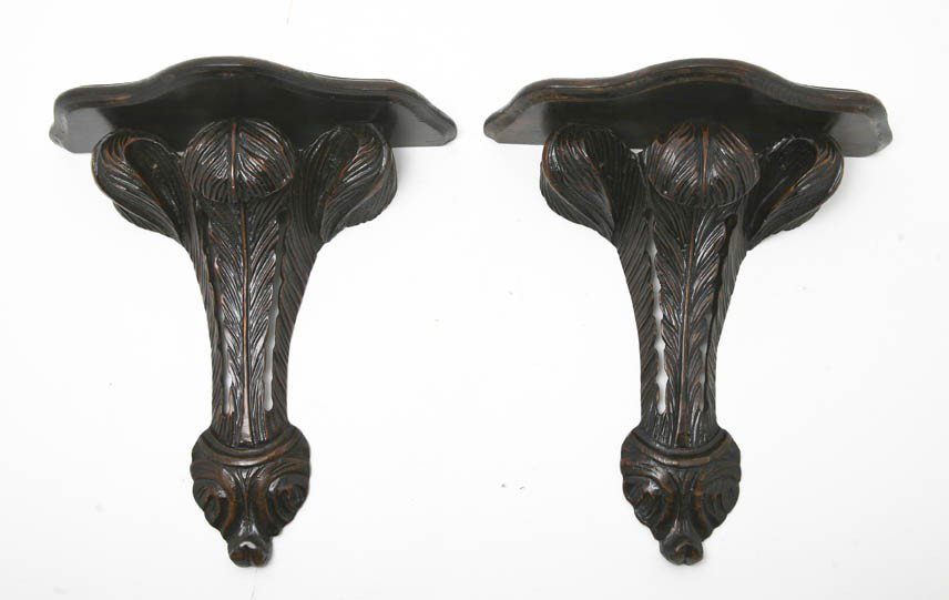 A Pair of English Carved Brackets, Height 11 1/2 x: A Pair of English Carved Brackets, having Prince of Wales plume form support. Height 11 1/2 x width 10 1/2 inches.