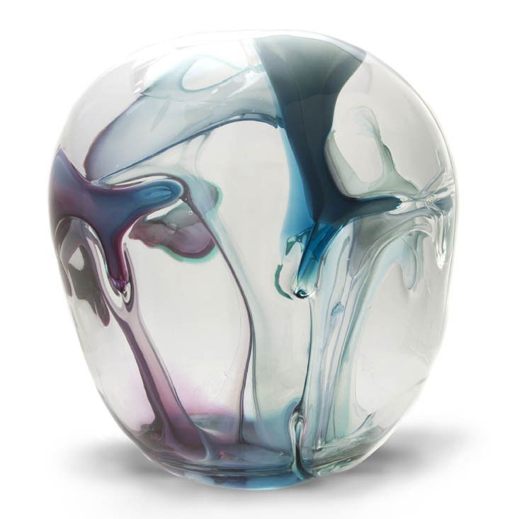 A Peter Bramhall Glass Sculpture, Height 15 inches: A Peter Bramhall Glass Sculpture, the clear glass body having a polychrome free-form decorated interior, signed Peter Bramhall, 5 January 1998, Help from Andy Bird & Christine. Height 15 inches. Prope