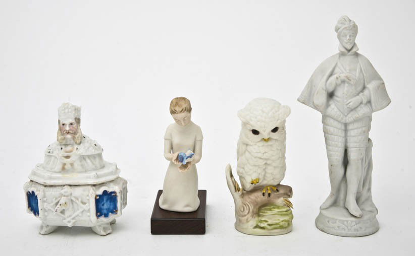 A Group of Four Porcelain Articles, Height of tall: A Group of Four Porcelain Articles, comprising a Cybis figure of an owl on a stump, a Cybis figure of a kneeling girl with a bird, a box decorated with a monarch and a bisque figure of a gentleman. He