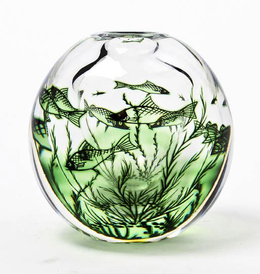 An Orrefors Graal Glass Vase, Height 5 1/2 inches.: An Orrefors Graal Glass Vase, of ovoid form, decorated with fish and foliage. Height 5 1/2 inches. Property from the Estate of Ruth Regenstein, Chicago, Illinois