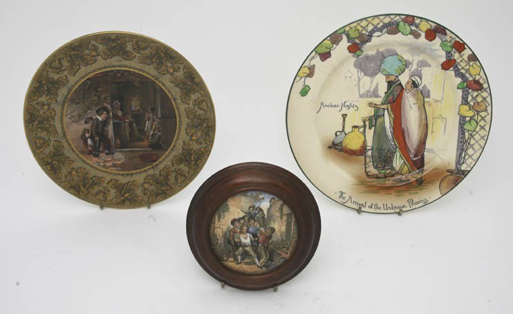 A Royal Doulton Plate, Diameter of first 10 1/2 in: A Royal Doulton Plate, Arabian Nights: The Arrival of the Unknown Princess, decorated with figures, together with a Prattware plate depicting five children and a teacher within an oak leaf and acorn b