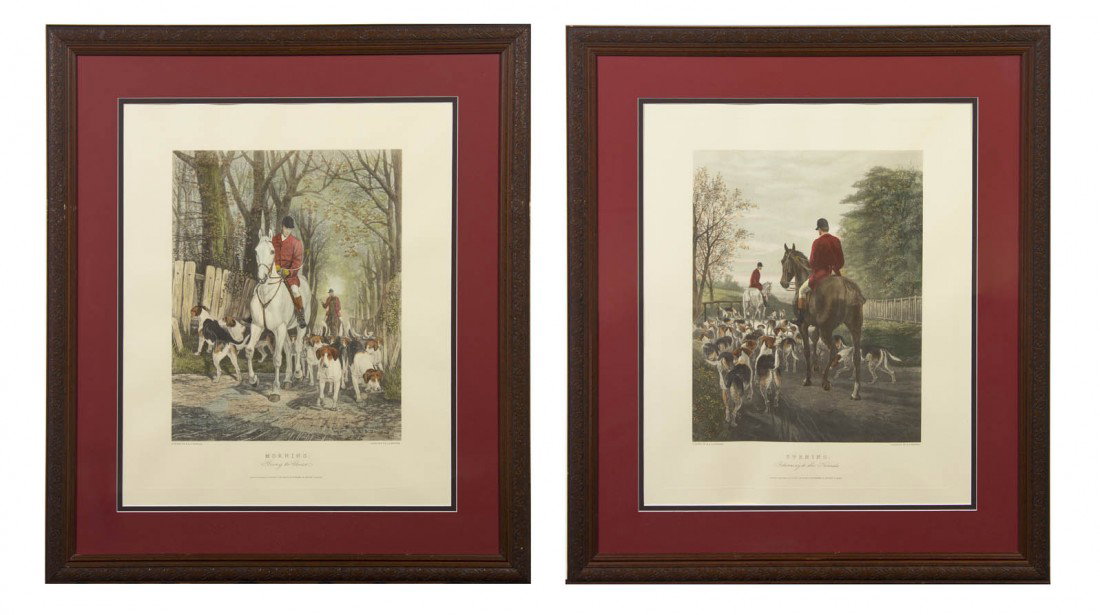 A Pair of English Sporting Prints, Height 24 3/4 x: A Pair of English Sporting Prints, Going to Cover and Returning to the Kennels, engraved by Edward Gilbert Hester after the originals by E.A.S. Douglas. Height 24 3/4 x width 18 1/4 inches.