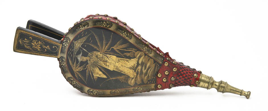 An English Lacquered Bellows, Length 13 1/8 inches: An English Lacquered Bellows, of typical form with Chinoiserie decoration. Length 13 1/8 inches.