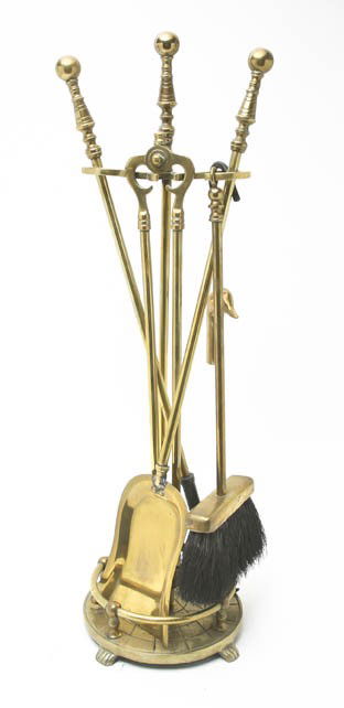 A Group of Brass Fire Tools, Height 27 3/4 inches.: A Group of Brass Fire Tools, with stand, together with a wood bellows. Height 27 3/4 inches. Property from the Estate of Dr. Joseph and Donna Lee Boggs, Chicago, Illinois