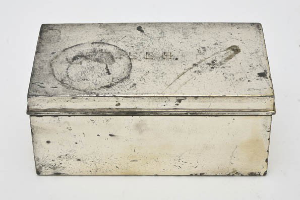 An American Sterling Silver Box, Width 6 1/4 inche: An American Sterling Silver Box, of rectangular form, opening to a wood interior, monogrammed; approximate weight overall 15.25 ozt. Width 6 1/4 inches. Property From the Collection of Bridget Lewis, 