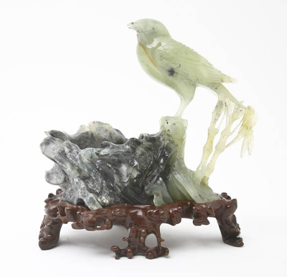 A Hardstone Water Coupe, Height of stone 6 inches.: A Hardstone Water Coupe, with a carved sparrow perched on the rim of a rock form dish and bamboo sprouts. Height of stone 6 inches. Property from a Private Collection, Chicago, Illinois