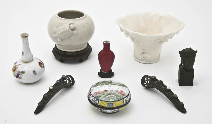 A Collection of Chinese Enameled Metal Articles, H: A Collection of Chinese Enameled Metal Articles, comprising a pair of nail guards with inset decorative stones and a paste box having landscape decoration, together with a porcelain footed vessel with