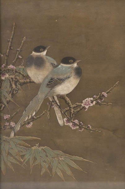 A Chinese Painting of Two Birds, Height of image 1: A Chinese Painting of Two Birds, on cherry blossoms painted on silk. Height of image 19 x width 12 1/2 inches. Property from the Estate of Dr. Joseph and Donna Lee Boggs, Chicago, Illinois