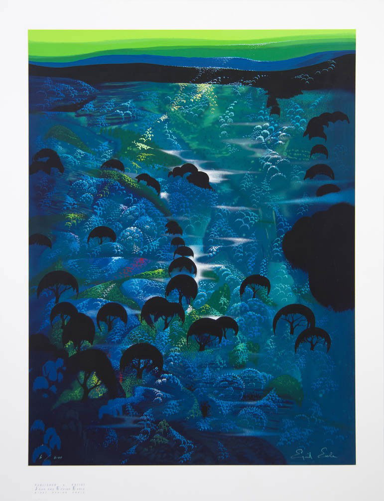 Eyvind Earle, (American, 1916-2000), Blue Mist: Eyvind Earle (American, 1916-2000) Blue Mist silkscreen edition 6/200, signed Eyvind Earle (lower right) 30 1/2 x 23 3/4 inches. Property from the Ellensohn Trust, Chicago, Illinois