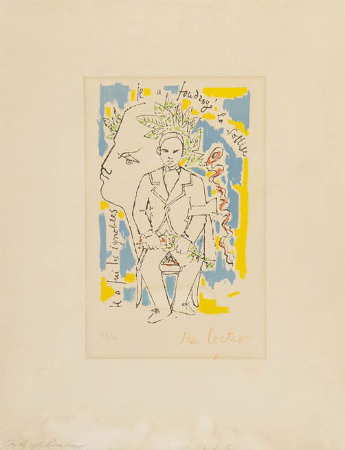 Jean Cocteau, (French, 1889-1963), Untitled: Jean Cocteau (French, 1889-1963) Untitled color lithograph edition 63/57, signed Jean Cocteau (lower right) 11 3/4 x 7 1/2 inches.