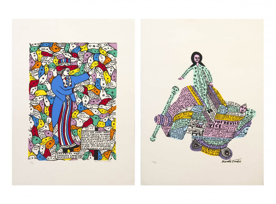 Howard Finster, (American, 1916-2001), A pair of w: Howard Finster (American, 1916-2001) A pair of works serigraph edition 33/100 and 28/90, each signed Howard Finster (lower right) 21 x 14 inches.