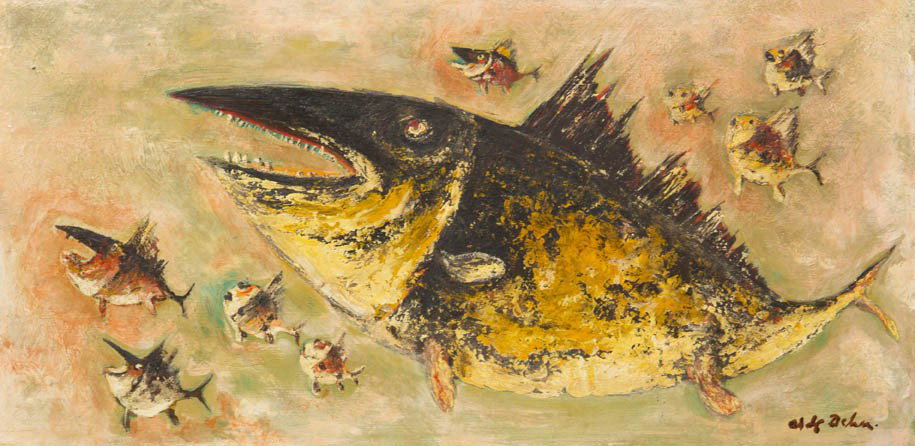 Adolf Arthur Dehn, (American, 1895-1968), Yellow F: Adolf Arthur Dehn (American, 1895-1968) Yellow Fish, 1955 oil on board signed Adolph Dehn (lower right); signed, titled, and dated (verso) 12 x 24 inches.