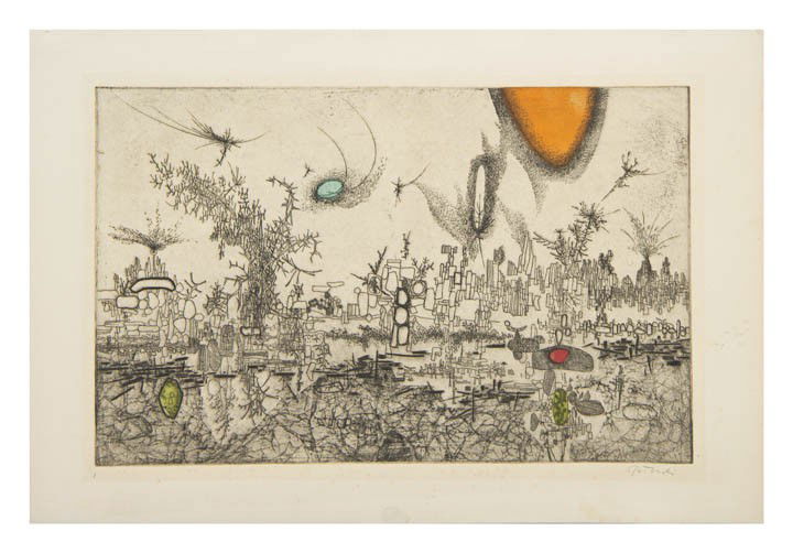 Gabor F. Peterdi, (American, 1915-2001), Abstract: Gabor F. Peterdi (American, 1915-2001) Triumph of Stones (Abstract Landscape), 1955 etching, engraving on copper with four stenciled colors; ed. 20 signed Peterdi (lower right) 12 x 17 1/2 i