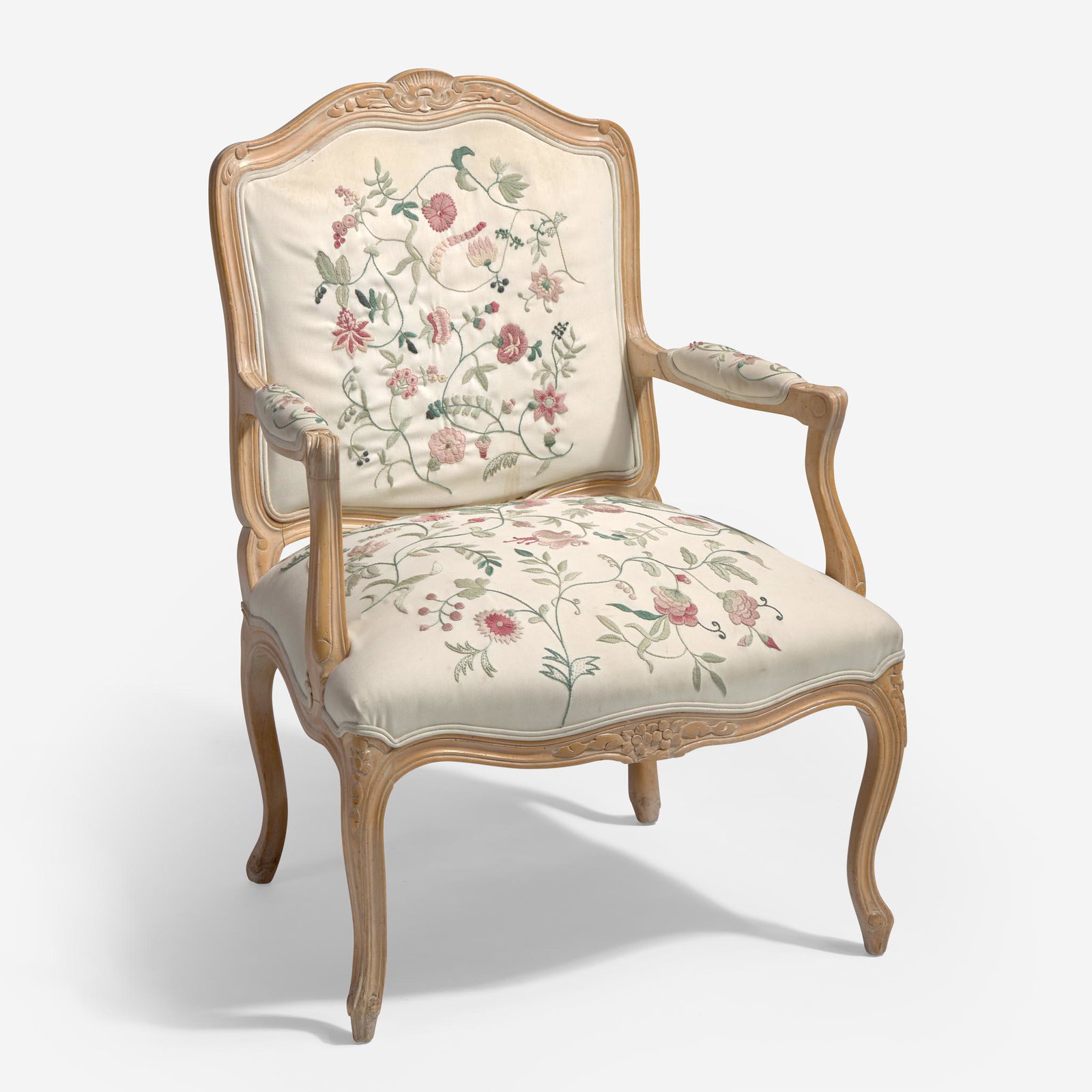 With Embroidered Upholstery by Erica Wilson (American, 1928-2011) Louis XV Style Fauteuil, USA, 20th (1 of 3)