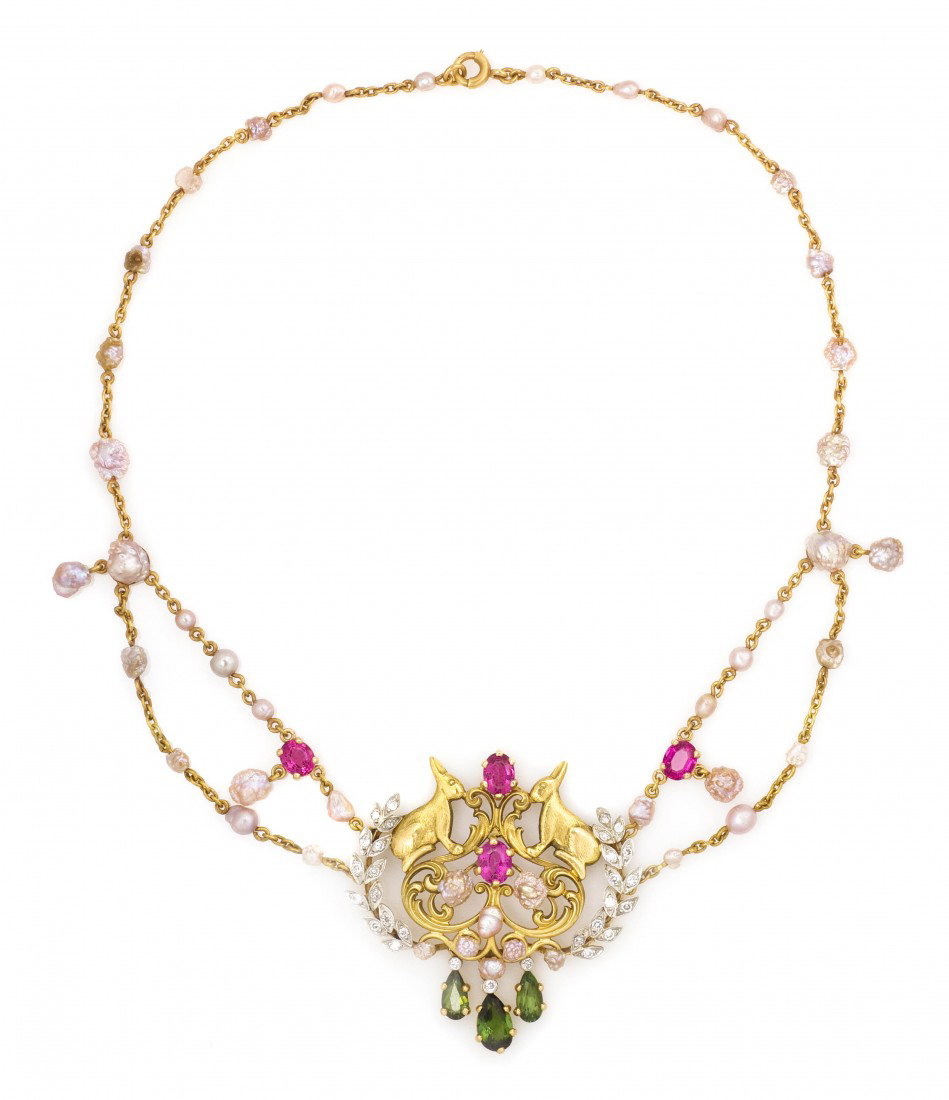 An Edwardian Platinum Topped Gold, Natural Pearl, To: An Edwardian Platinum Topped Gold, Natural Pearl, Tourmaline and Diamond Necklace, Tiffany & Co., Circa 1904, consisting of a central gold wreath and hare motif engraved openwork plaque with platinum 