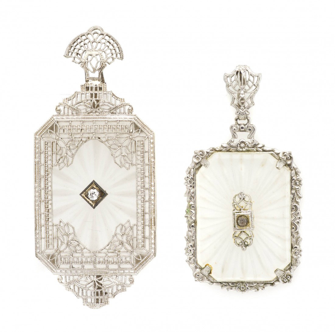 A Group of White Gold, Carved Rock Crystal and Dia: A Group of White Gold, Carved Rock Crystal and Diamond Jewelry, consisting of a brooch/pendant containing an octagonal carved rock crystal plaque surmounted by a central compass point setting containi