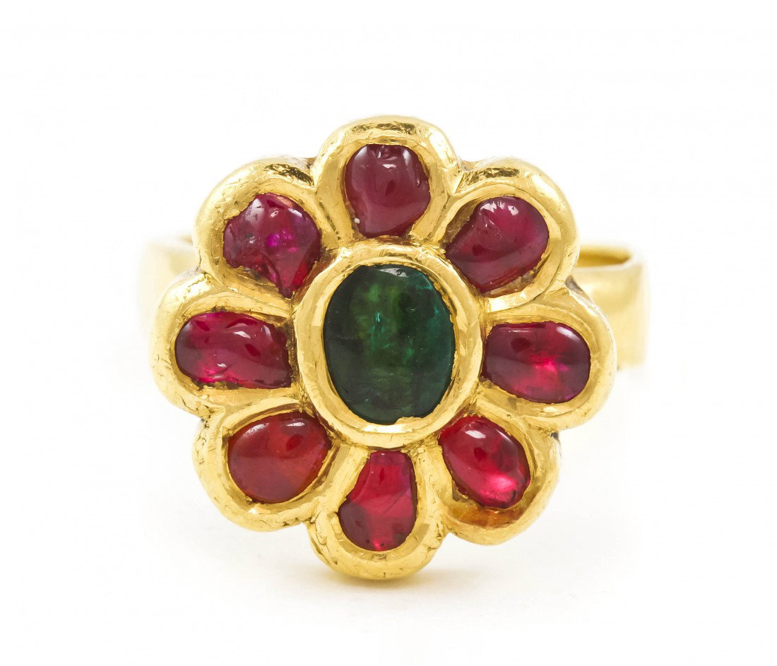 A 22 Karat Yellow Gold and Polychrome Enamel Ring,: A 22 Karat Yellow Gold and Polychrome Enamel Ring, in a flower design with green and red enamel accents. 6.50 dwts. Property from the Estate of Ken and Ellen Belford, Wheaton, Illinois