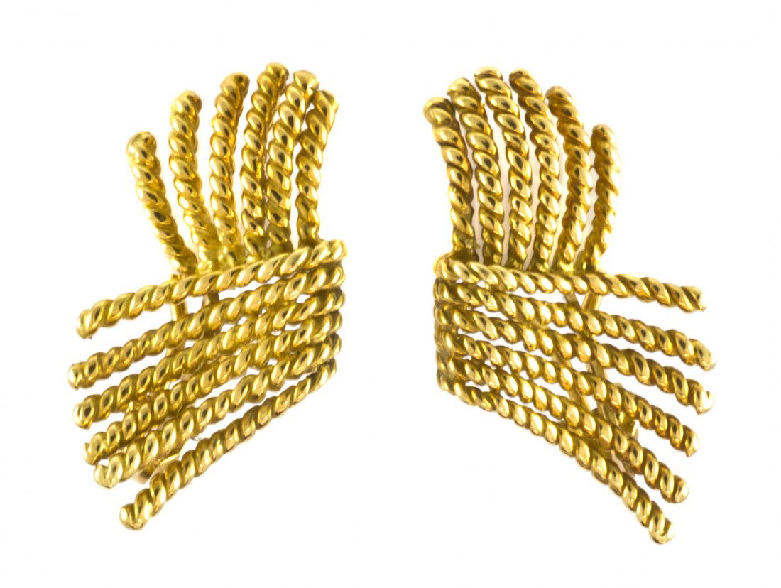 A Pair of 18 Karat Yellow Gold Rope Earclips, Jean: A Pair of 18 Karat Yellow Gold Rope Earclips, Jean Schlumberger for Tiffany & Co., in a rope texture wirework design. Stamp: TIFFANY SCHLUMBERGER 18K. 9.85 dwts.