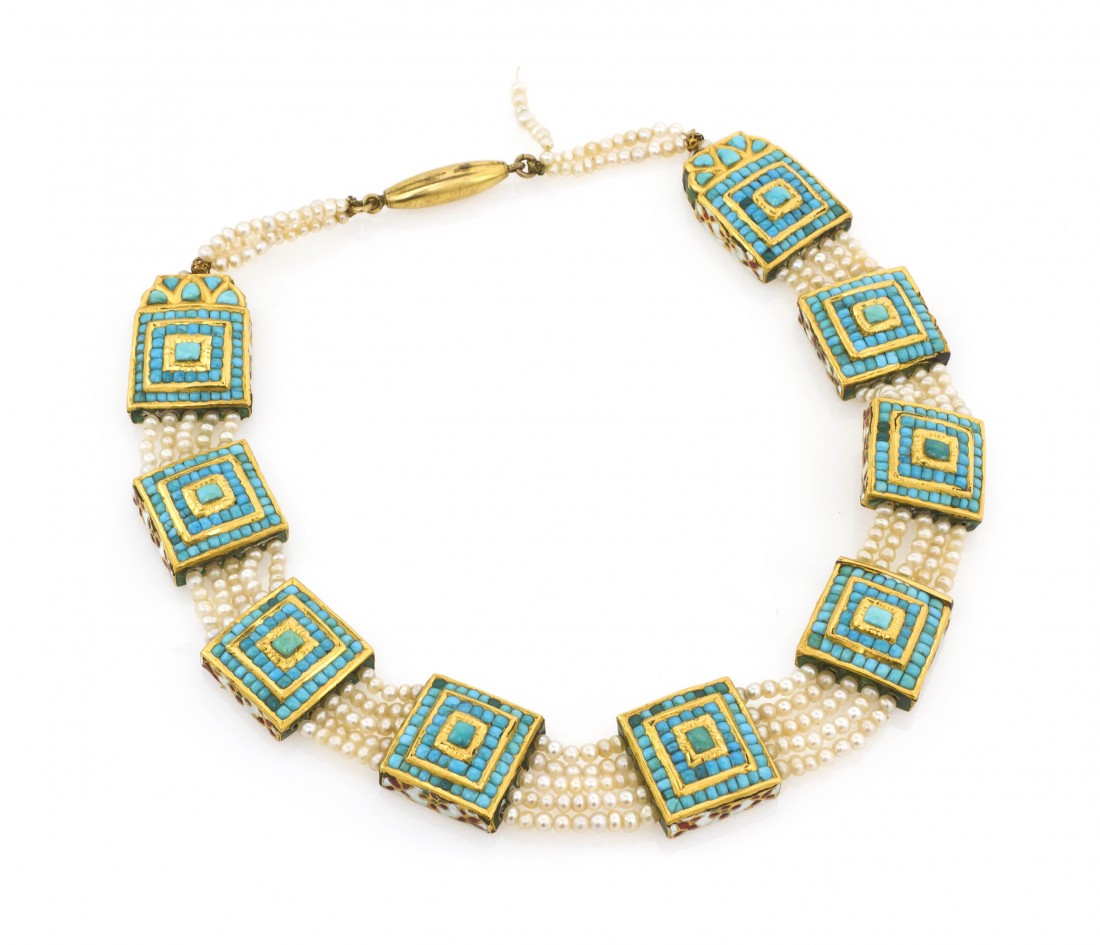 A Cultured Pearl, Turquoise and Enamel Mughal Styl: A Cultured Pearl, Turquoise and Enamel Mughal Style Necklace, consisting of nine square plaques containing numerous turquoise cabochons arranged in a concentric pattern, sidewalls and reverse of plaqu
