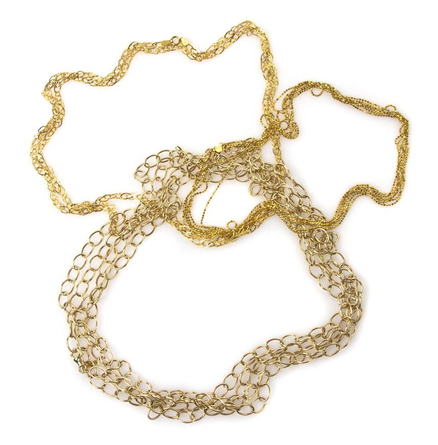 A Group of 14 Karat Yellow Gold Chains, 16.40 dwts: A Group of 14 Karat Yellow Gold Chains, consisting of three chains in various designs. 16.40 dwts.