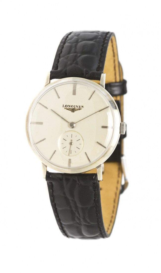 A White Gold Filled Mechanical Wristwatch, Longine: A White Gold Filled Mechanical Wristwatch, Longines, matte silvered dial, applied silvered baton numerals, silvered baton hands, small seconds at 6 o'clock, coin edge crown, snap on case back, manual