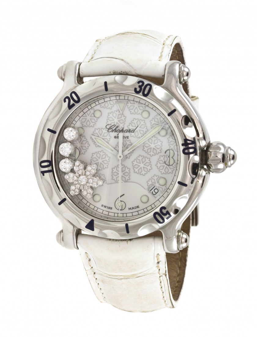 A Stainless Steel and Diamond Happy Sport Watch,: A Stainless Steel and Diamond Happy Sport Watch, Chopard, 38.00 mm case diameter, snowflake motif dial, Arabic and luminous dot numerals, date aperture between 4 and 5 o'clock, white sword hands, diam