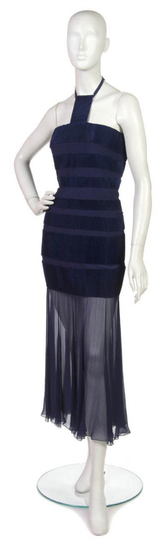 A Karl Lagerfeld Blue Ribbed Silk Evening Gown.: A Karl Lagerfeld Blue Ribbed Silk Evening Gown. Labeled: Karl Lagerfeld.