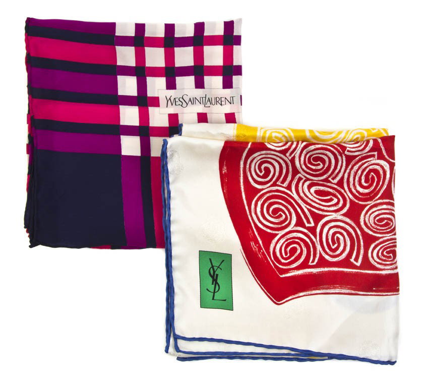 Two Yves Saint Laurent Silk Scarves.: Two Yves Saint Laurent Silk Scarves. Labeled within print: YSL.